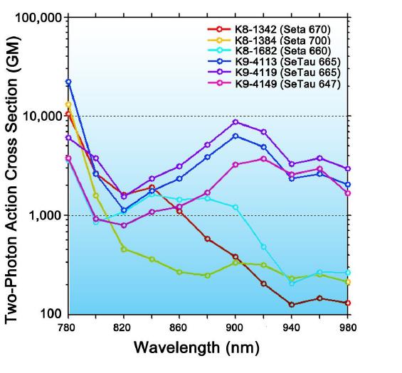 2-photon action cross sections for several squaraines and squaraine rotaxanes